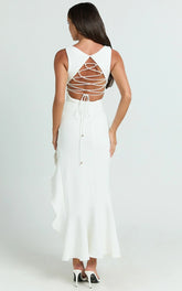 Luiza Midi Dress - Ruffle Hem Corset Back Dress in White