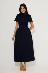 Cotton Mix Denim Collared Midi Dress