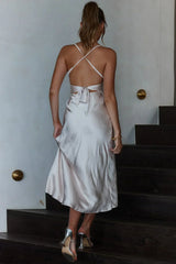 Lakoda Gathered Bust Bow Tie Back Midi Dress Champagne