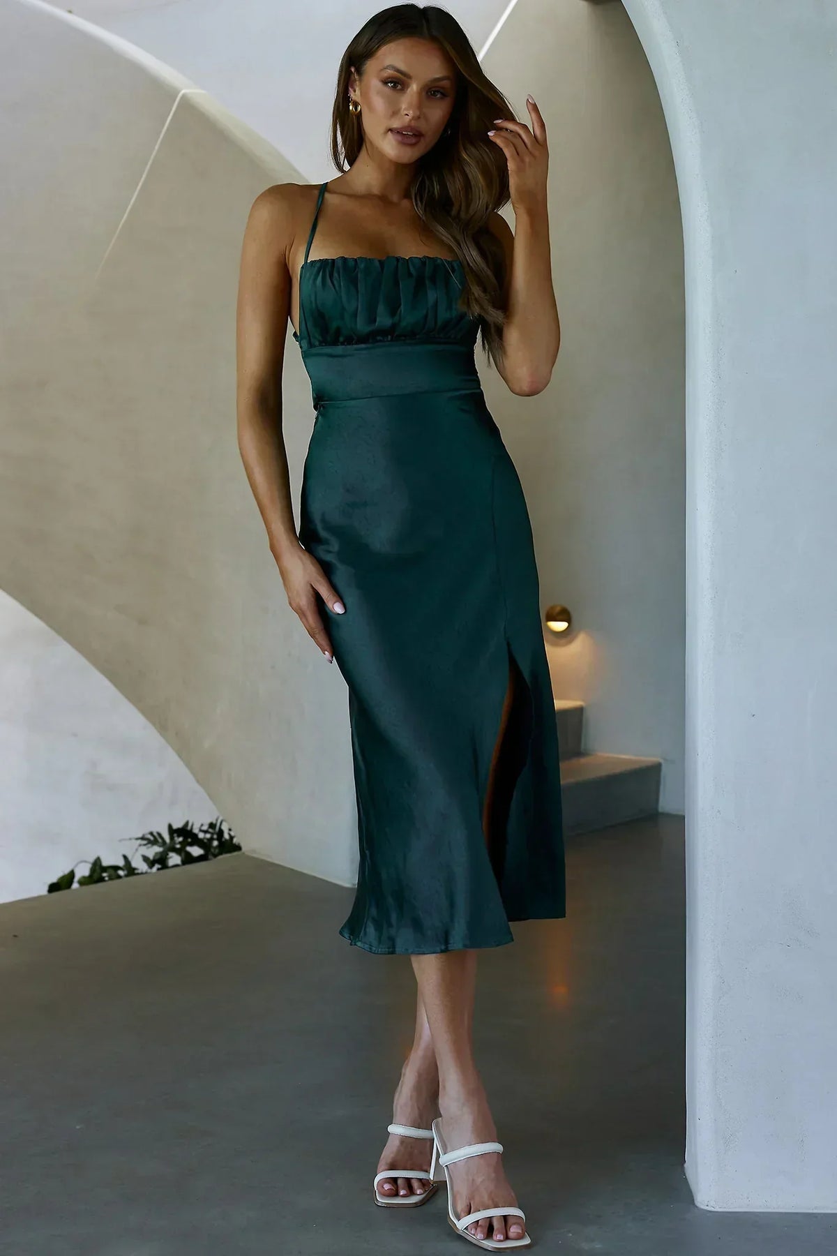 Lakoda Gathered Bust Bow Tie Back Midi Dress Forest Green