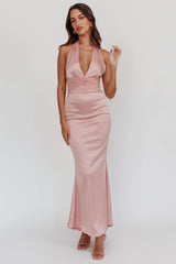 Italia Azure Pleat Bodice Halterneck Maxi Dress Blush