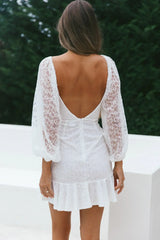Halley Balloon Sleeve Frill Bust Flounce Hem Lace Dress White